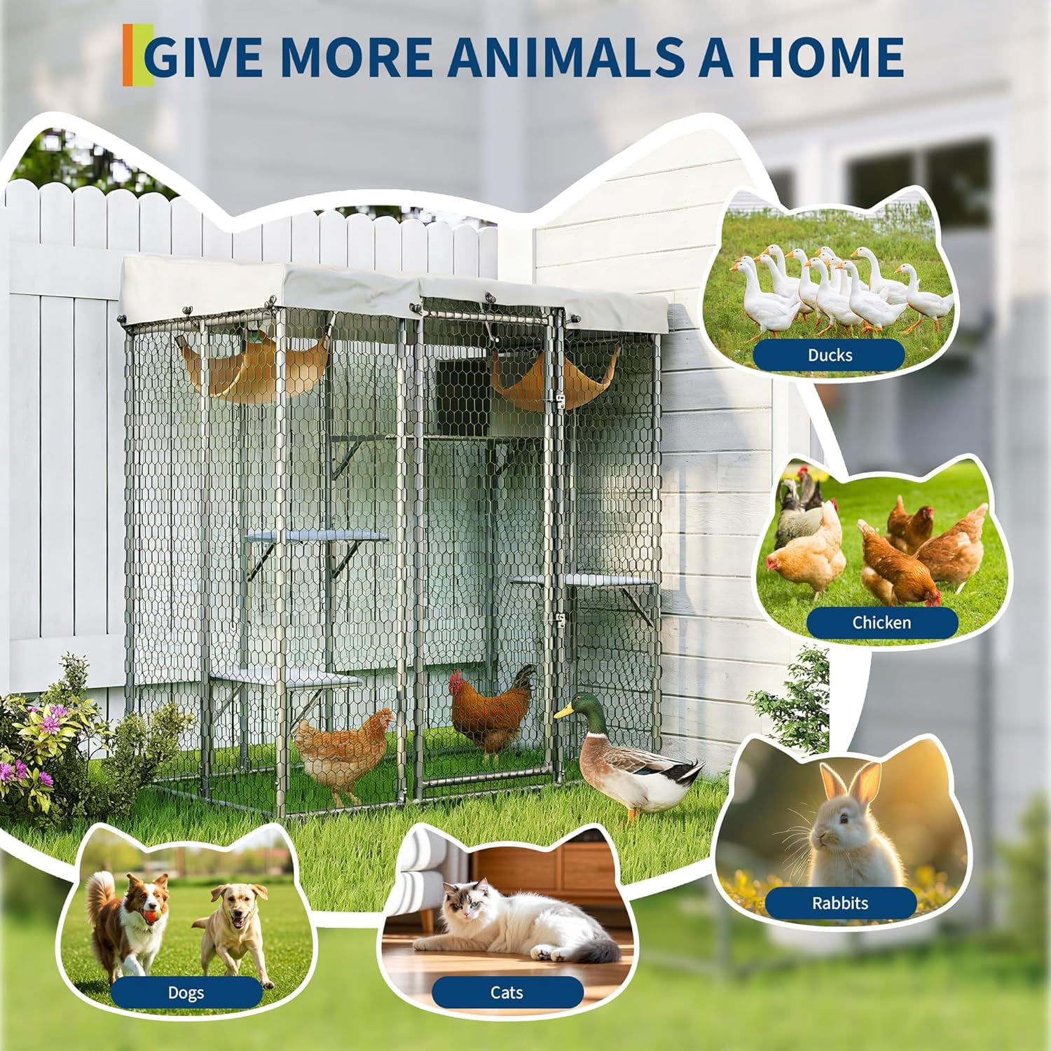 QinaQin Large Catio Outdoor Cat Enclosure,Extra Large Walk-in Cat Patio for Multiple Cats, Outdoor Catio with Waterproof Cover, Hammock, Resting Box and 4 Platforms,Light Grey