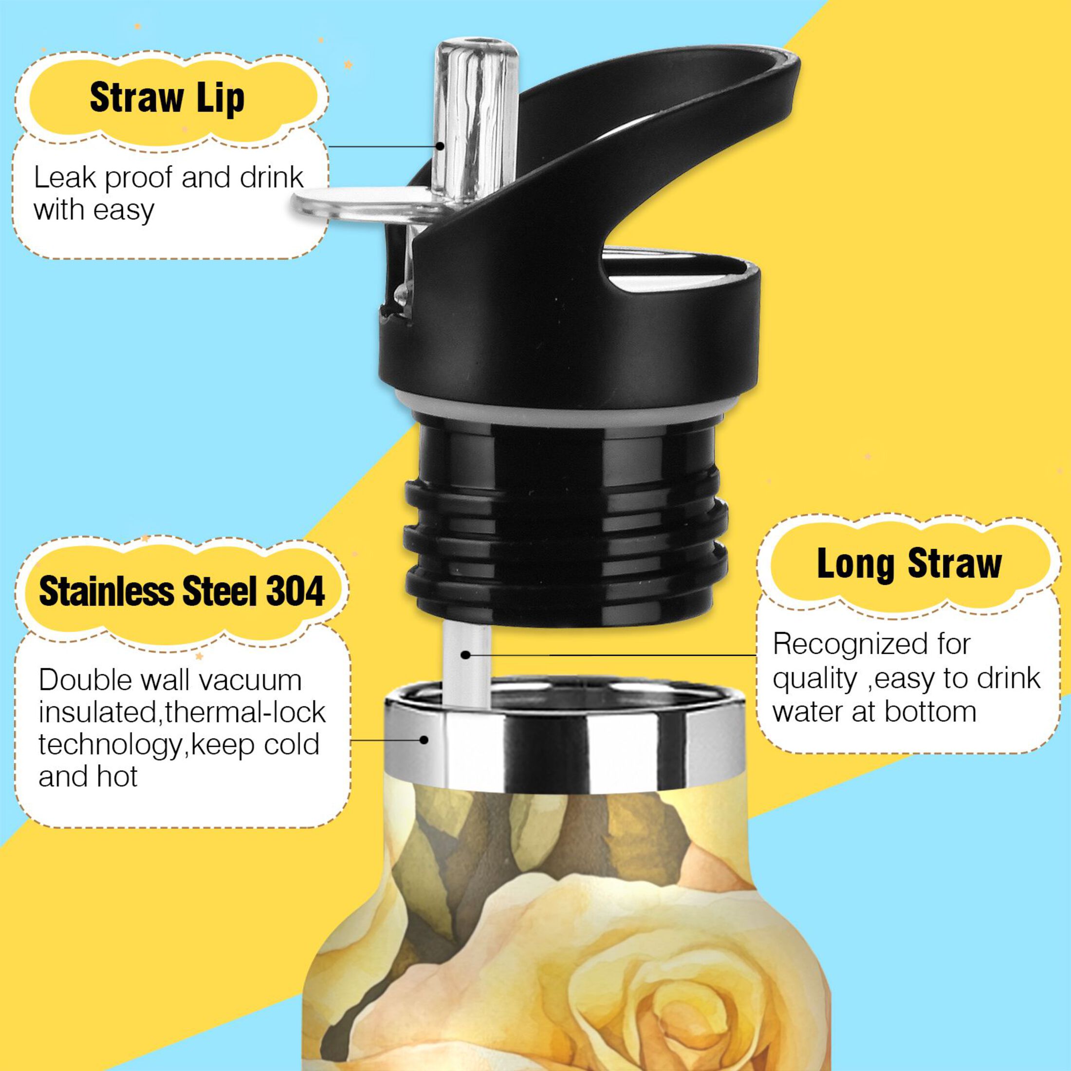 600ML Stainless Steel Insulated Cup Sports Water Bottle Portable Thermos Cup Water Glasses Insulated Tumblers Convenient and Durable Gold Roses Seamless