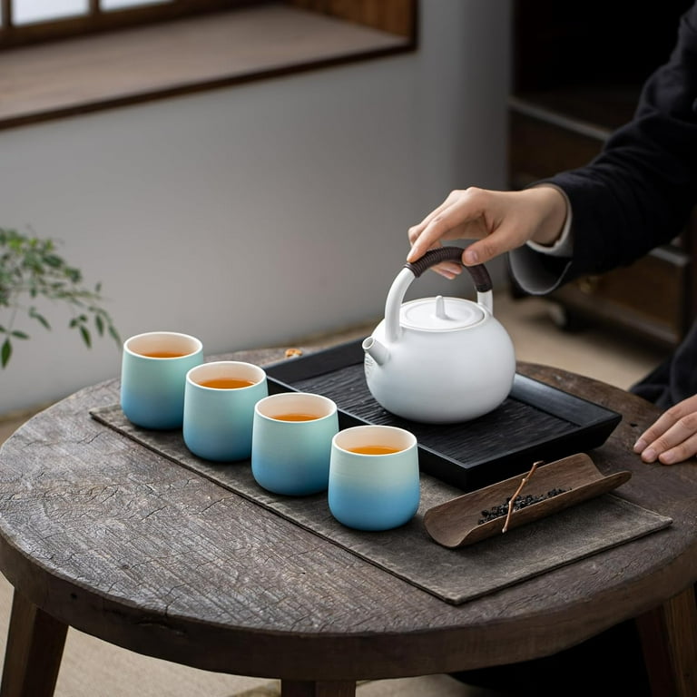 TEANAGOO Japanese Tea Cup 7.2Oz 205 ml Blue White Gradient H31 4 Pcs box Japansese Cups Chinese Tea Cups Occupied Japan Tea Cups Asian Tea Cups no Handles tea cup Ceramic Cup for