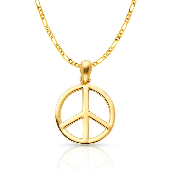 14K Yellow Gold Peace Sign Cubic Zirconia CZ Charm Pendant with 1.9mm Figaro 3 1 Chain Necklace