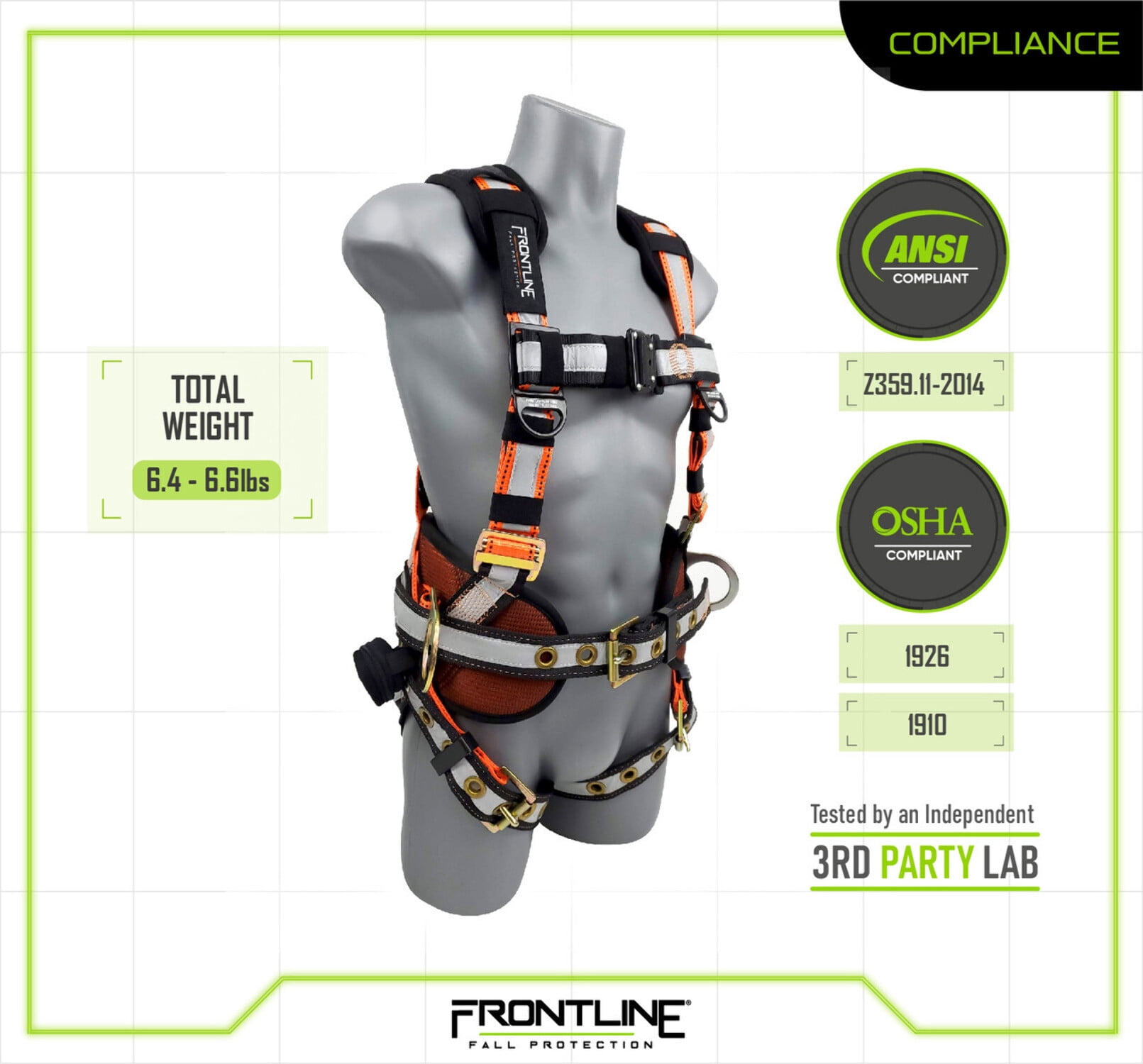 Frontline Fall Protection 100RCTB Combat Reflective Construction Full Body Harness with Tongue Buckle Legs and Trauma Straps | 5 Points of Adjustability | Positioning Belt | OSHA & ANSI Comp