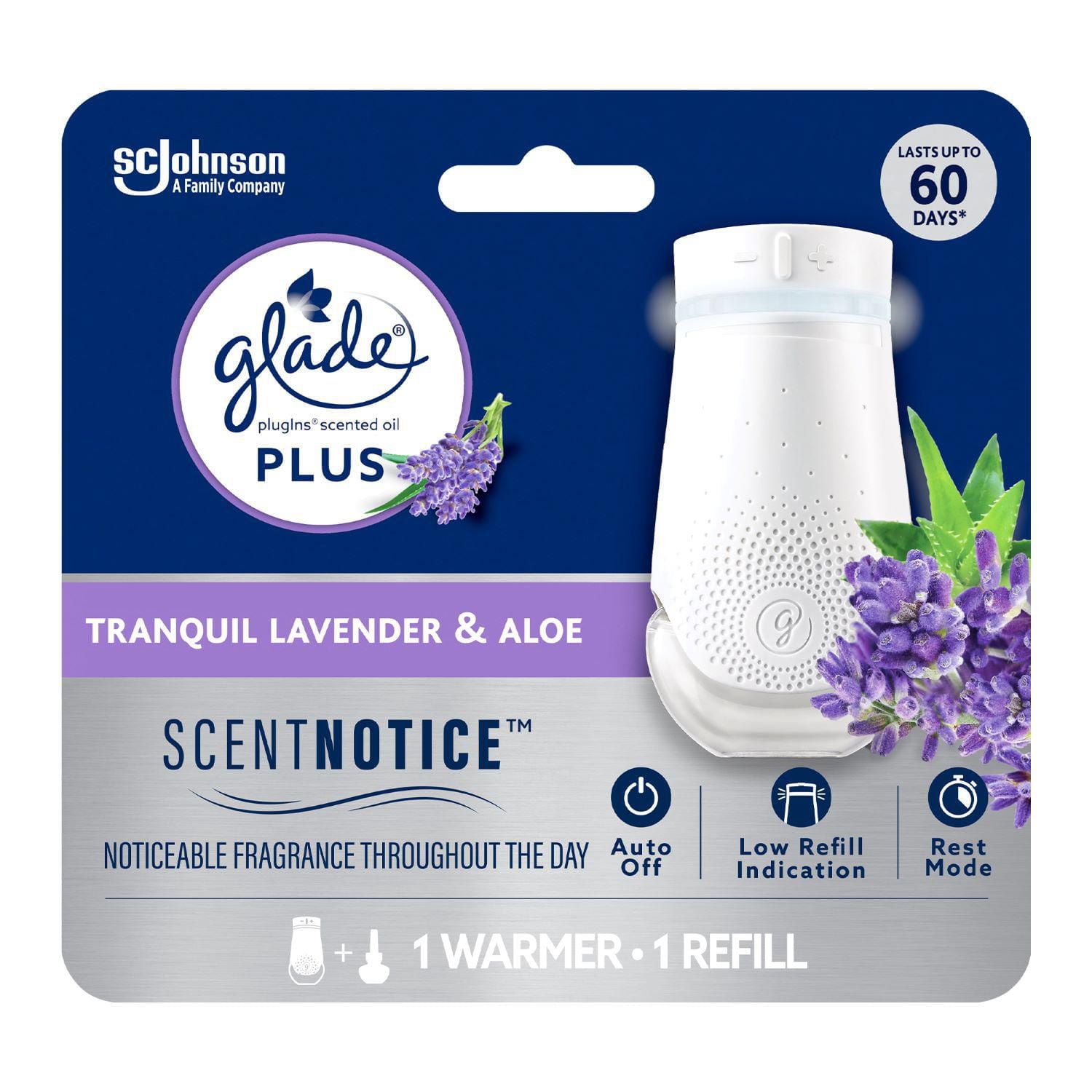 Glade Plugins® Plus Air Freshener Oil, Tranquil Lavender and Aloe, 1 Warmer 1 Refill