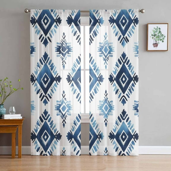 Boho Aztec Blue Sheer Curtains 96 Inches Long 2 Panels Set, Window Sheer Curtains for Living Room/Bedroom, Southwest Geometric Abstract Tribal Light Filtering Rod Pocket Curtain 52'' x 96'' x 2