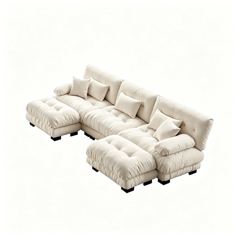 ANPPORT Cloud Couch Sleeper Sofa, Chenille Light Coffee 3-Seater Modular Sofa with 2 Ottomans, 3 Lumbar pillows,2 Pillows, Comfy Deep Seat Cloud Sofa, Convertible L-Shaped Floor Couch for Living Room