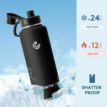JUSTLET 40 oz (1200ml) Insulated Stainless Steel Water Bottle with 3 Leak-Proof Lids, Black.