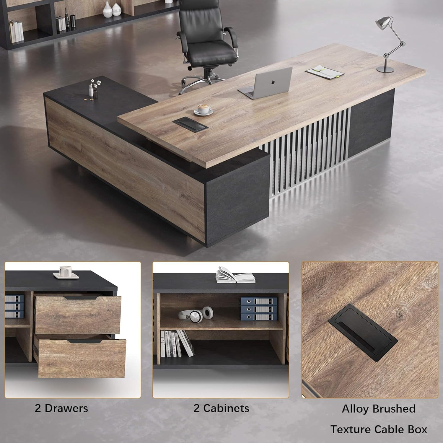 Wesome 70.87 inch L Shaped Executive Desk with  Cable Management Drawers File Cabinet
