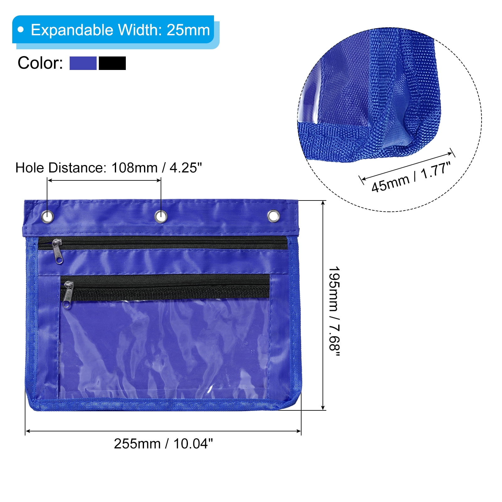 Uxcell Expandable Pencil Pouch for 3 Rings Binder, 6 Pack Oxford Cloth Zipper Binder Pouch Pencil Case Dark Blue/Black