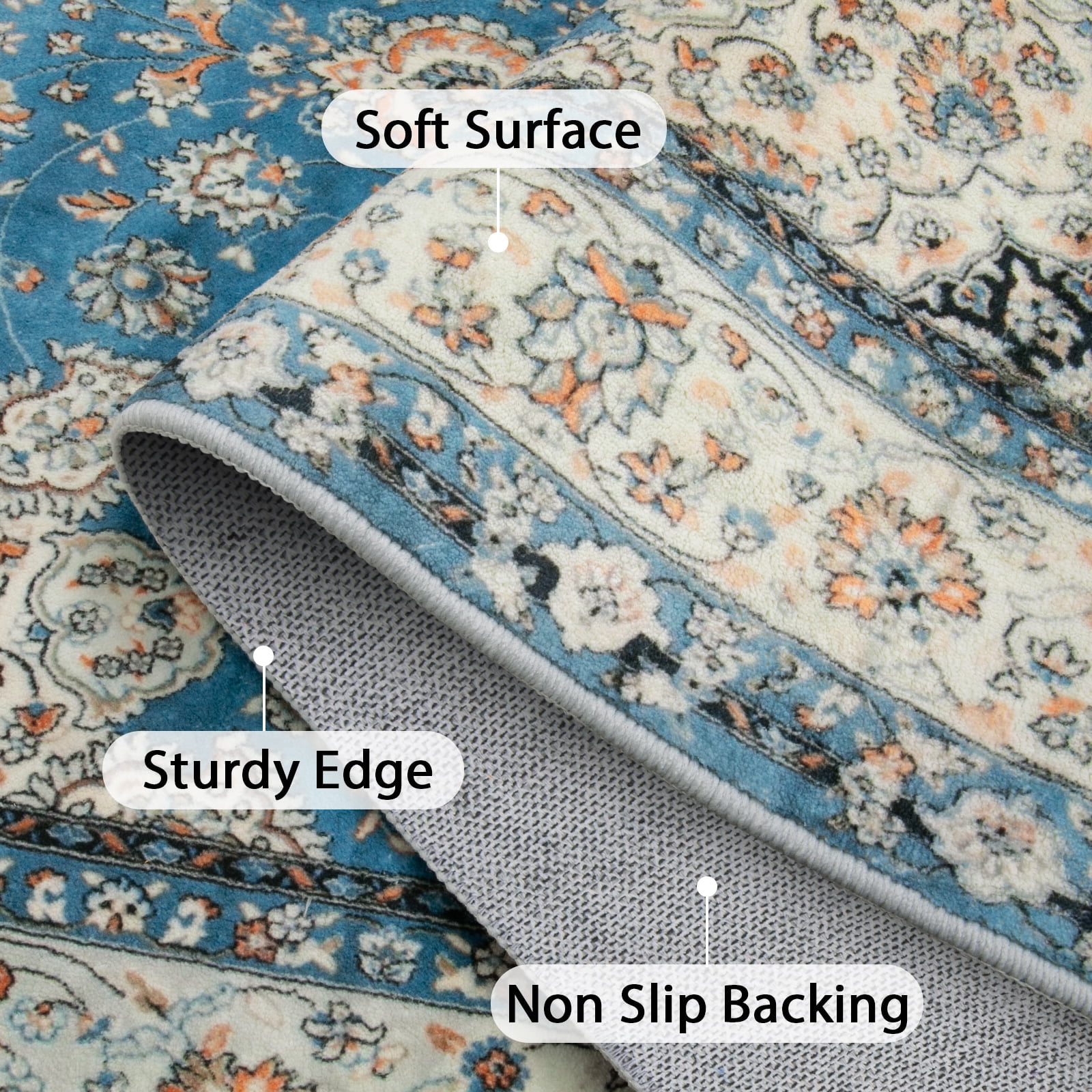 Lahome Decor 4'x6' Oriental Floral Medallion Area Rug for Living Room,Non Slip Machine Washable Vintage Indoor Rug,Vintage Printed Rug,Low Pile Lightweight for Bedroom Office