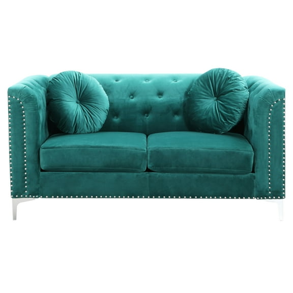 Pompano 62" Green Tufted Velvet 2-Seater Sofa with 2-Throw Pillow