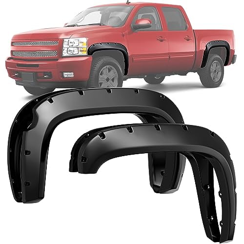 LEDKINGDOMUS Front & Rear Fender Flares Compatible with 2007-2013 Chevy Silverado 1500 (Only Fit 69.3†Short Bed) (NOT for GMC Sierra), Off-road Smooth Black Finish Wheel Flares Pocket Riveted Style