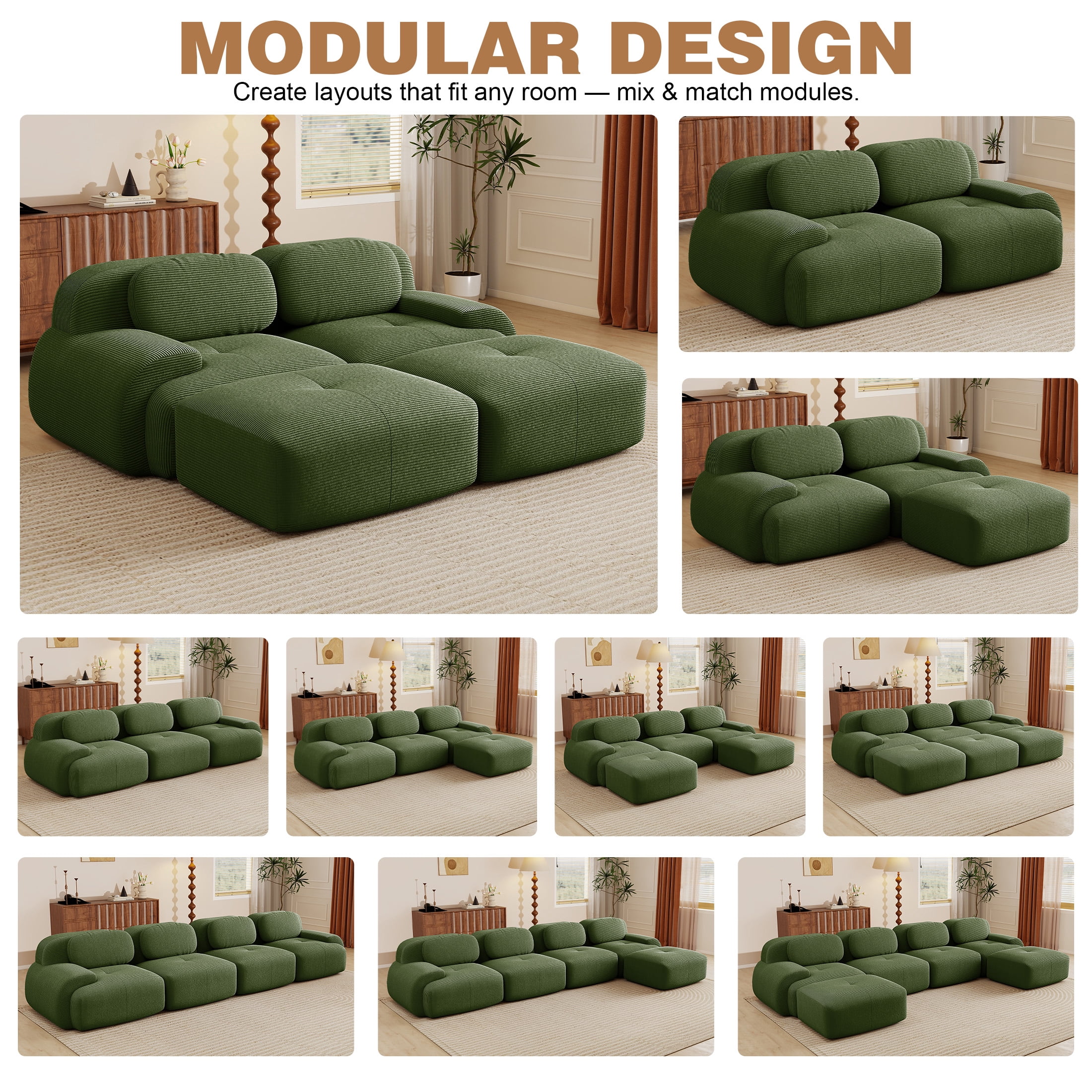 Aukfa 82" Modular Sectional Sofa with Ottoman, Corduroy, 28" Deep Seat, No Assembly Required, Green