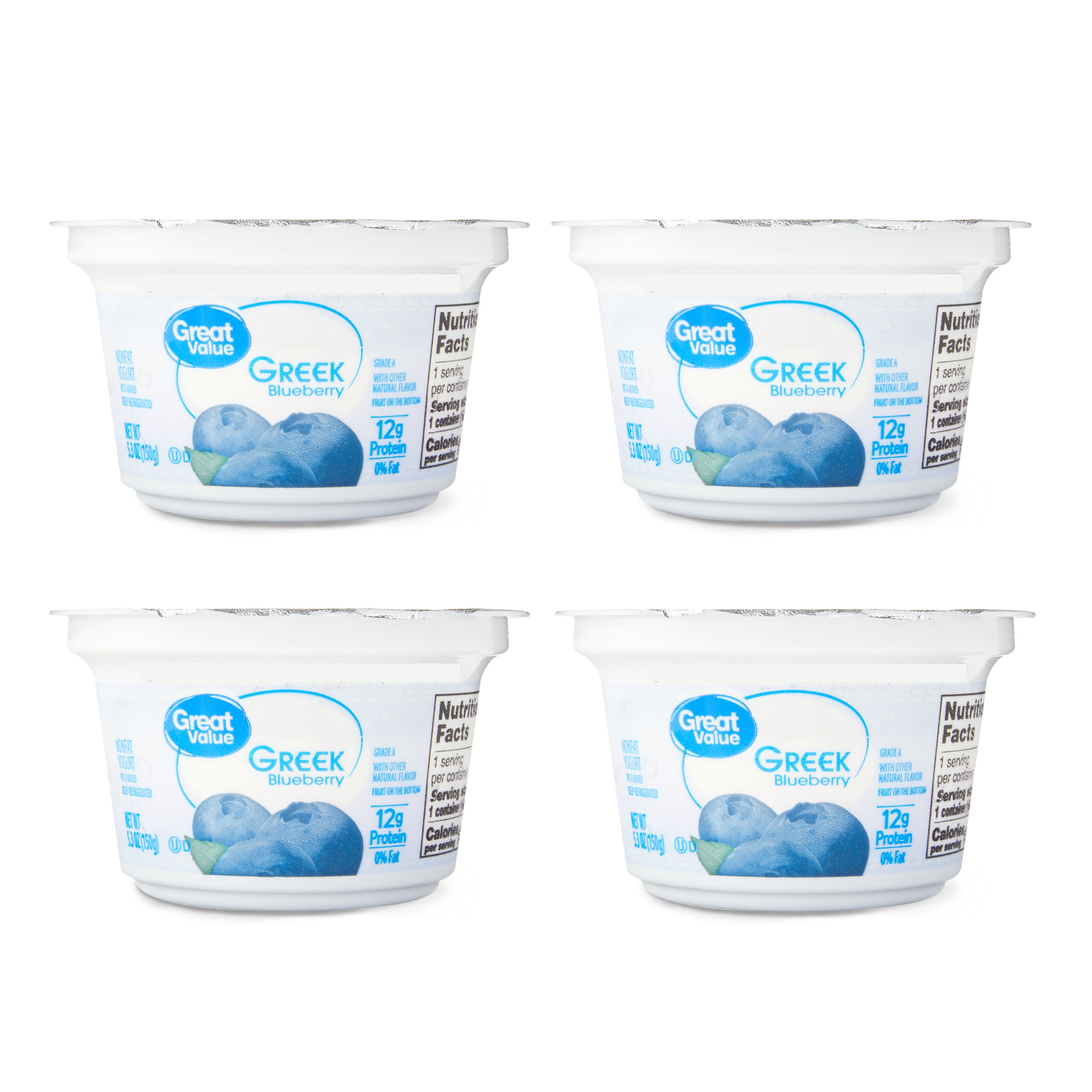 Great Value Blueberry Nonfat Greek Yogurt, 5.3 oz Cups, 4 Pack