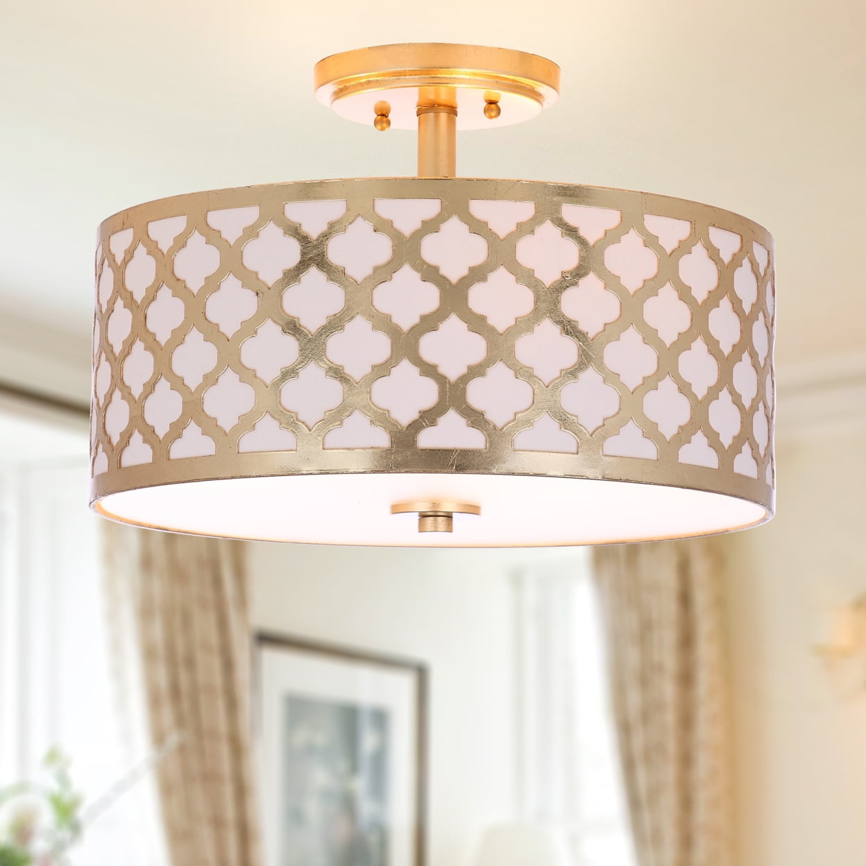 SAFAVIEH Kora Quatrefoil Flush Mount Ceiling Light - Silver Leaf Finish With Off-White Shade