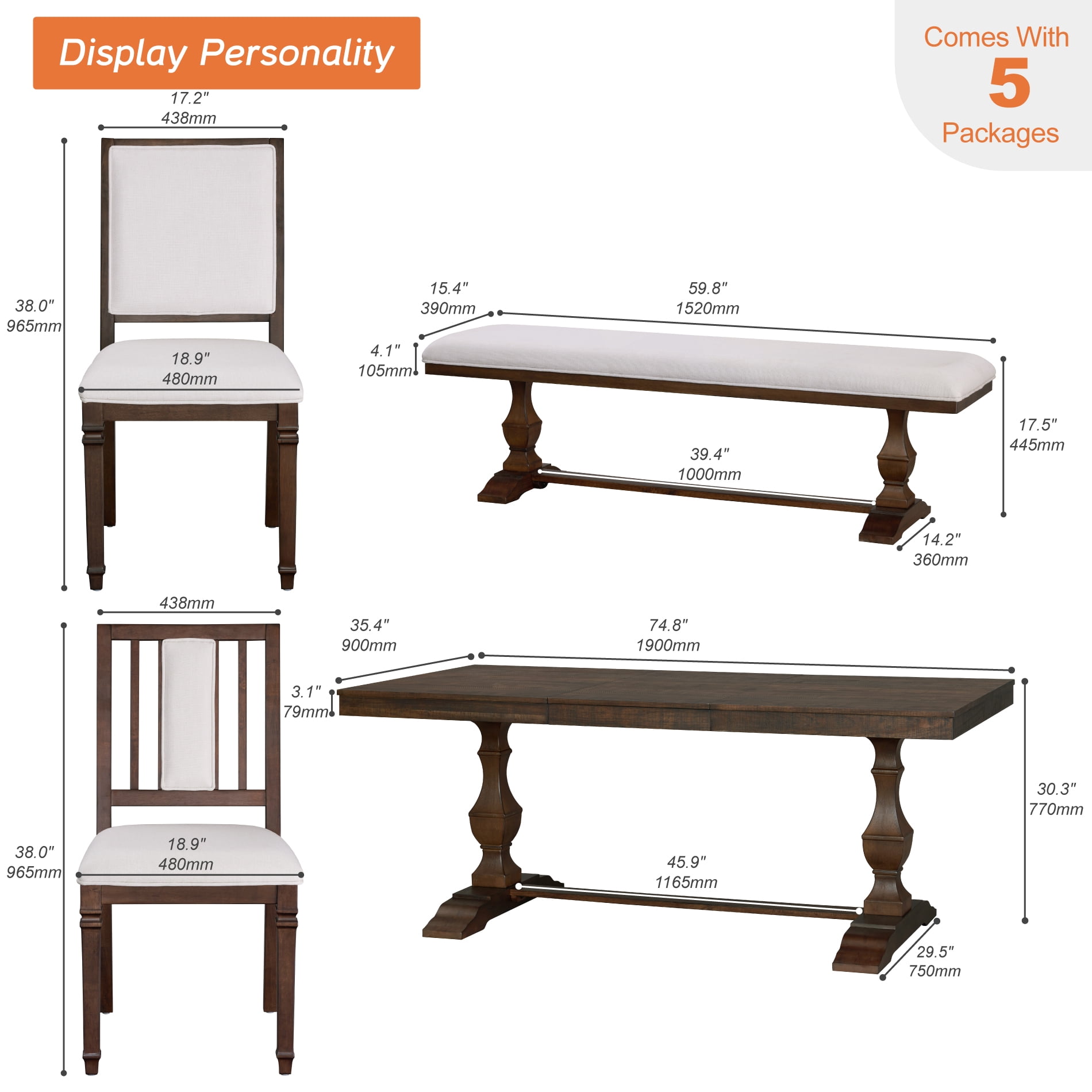 WAMPAT 6-pieces Farmhouse Dinning Table,74.8" Kitchen Table Set with 4 Chairs and Bench for 6-8, Solid Wood Legs and Cushion Seat for Kitchen & Living Room,Dark Brown