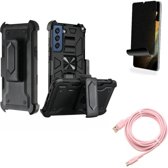 Case Belt Clip & 10ft Long USB-C Cable & Privacy Screen Protector for Samsung Galaxy S22 Plus (S22 ) - Combo Holster Swivel Cover & Pink Charger Cord Power Wire & TPU Film (Fingerprint Works)