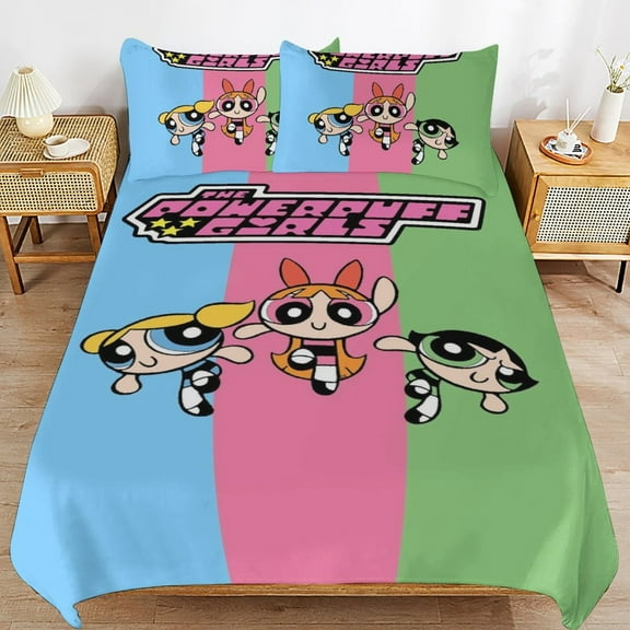 Powerpuff Girls Bedding Set Anime Bedding Set Cartoon Duvet Cover Set with 1 Duvet Cover and 2 Pillowcases for Boys Girls Soft Game Comforter Cover Set Suitable for All Seasons 86"×70"
