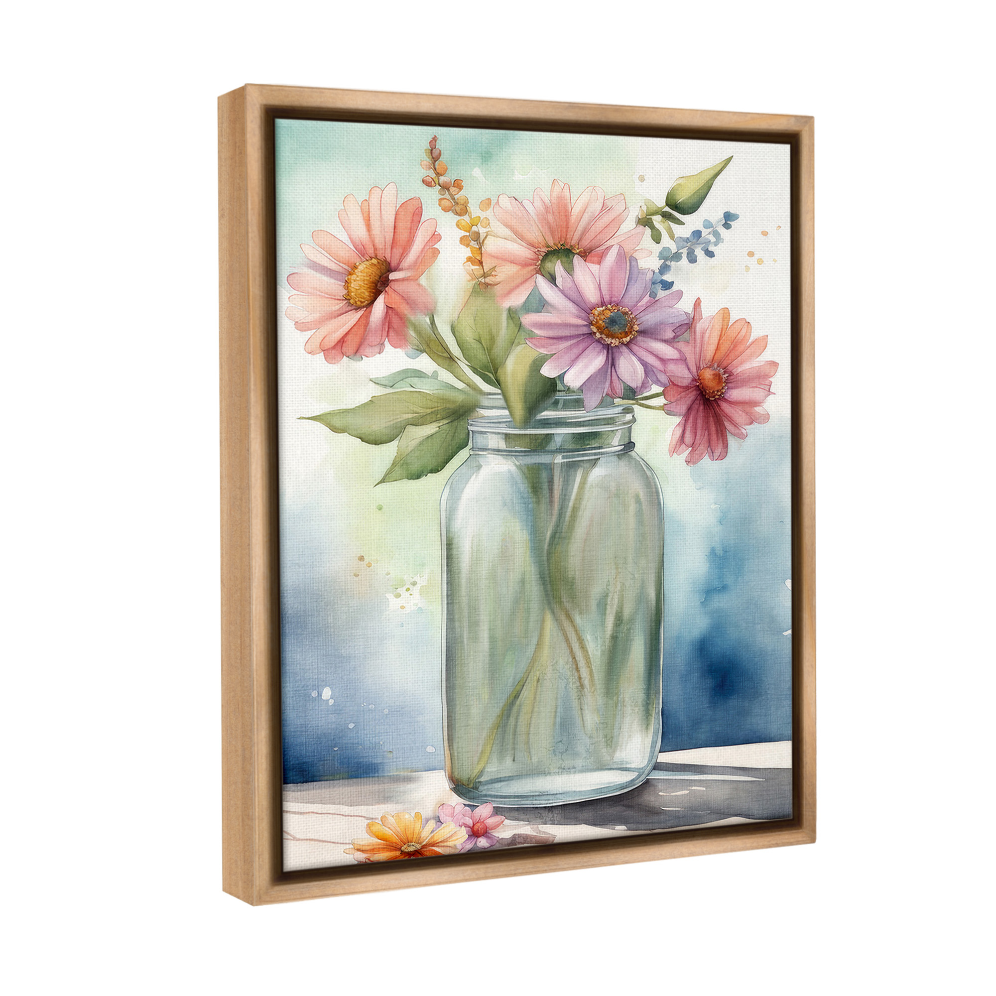 Stupell Industries Gerbera Daisies in Jar Botanical & Floral Painting Brown Floater Framed Canvas Art Print Wall Art, 25 x 31