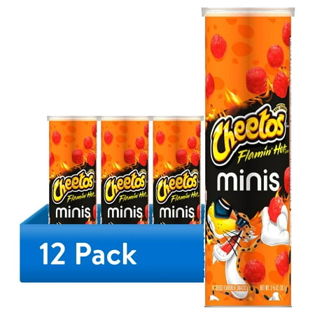(12 pack) Cheetos Brand Minis Flamin’ Hot Cheese Flavored Canister, 3.625 oz (Packaging may vary)