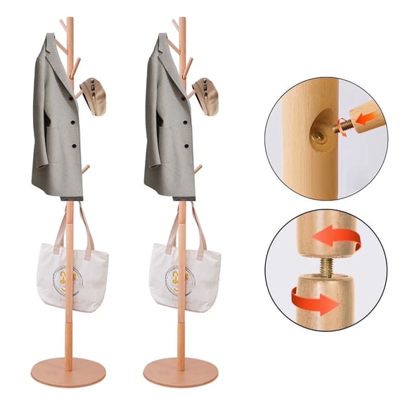 stusgo Coat Rack Freestanding,Wooden Coat Tree with 8 Hooks and 3 Adjustable Section Height (2 Pcs,Round Base,Log)
