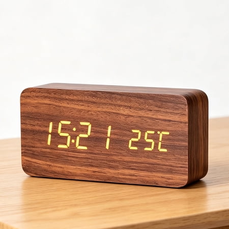 VOLIVO Wooden Digital Alarm Clock - USB & Battery Operated, 3 Loud Alarms, Sound Control, Dimmer, Temperature, 12/24H, for Heavy Sleepers & Bedrooms,Brown