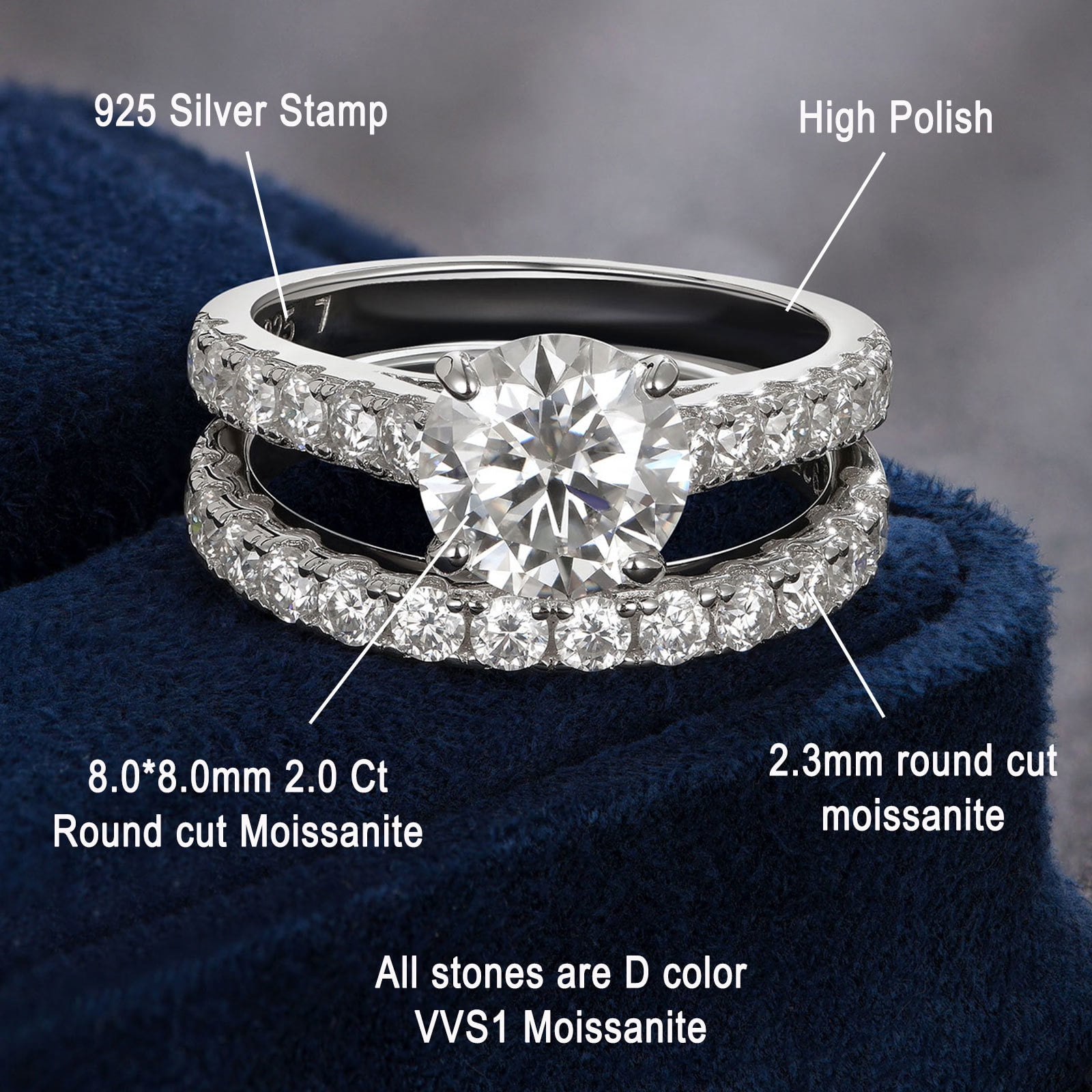 Newshe Jewellery 2ct Moissanite Wedding Ring Set Engagement Rings for Women 925 Sterling Sliver Round Cut Size 9