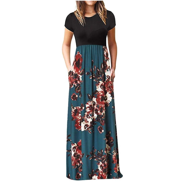 QIPOPIQ Robe Maxi Élégante pour Femme à Manches Courtes Tendance à Col Rond Robes Décontractées Robe d'Été Ample Robe à Imprimé Floral Jupe Longue Offres 2023