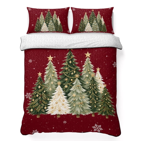 Quilts Full Size Bedding Set, Red Christmas Lightweight Quilted Comforter, Green Xmas Trees Snowflake Balls Winter Soft Reversible Bedspread Coverlet with Pillow Covers for All Season, 78" x 90"