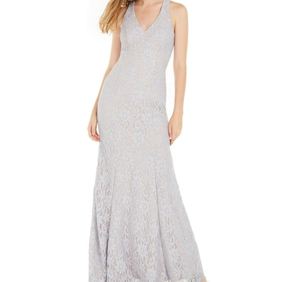 Sequin Hearts Womens Lace Open Back Gown Dress, Grey, Juniors, 5