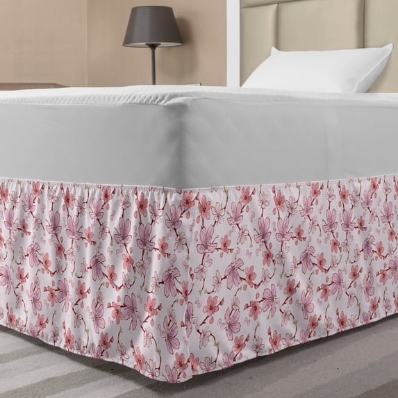 Sakura Bed Skirt, Japanese Traditional Spring Flower Blossom Graphic Design Romantic Feels, Elastic Bedskirt Dust Ruffle Wrap Around for Bedding Decor, 4 Sizes, Pink Coral and Brown, by Ambesonne