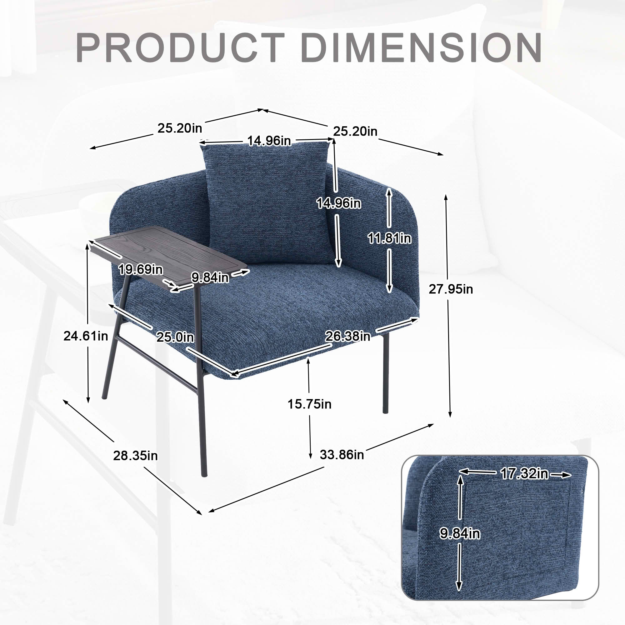 MAYEERTY Leisure Lounge Chair with Side Table & Back Pillow, Armchair, Navy, Living Room Bedroom