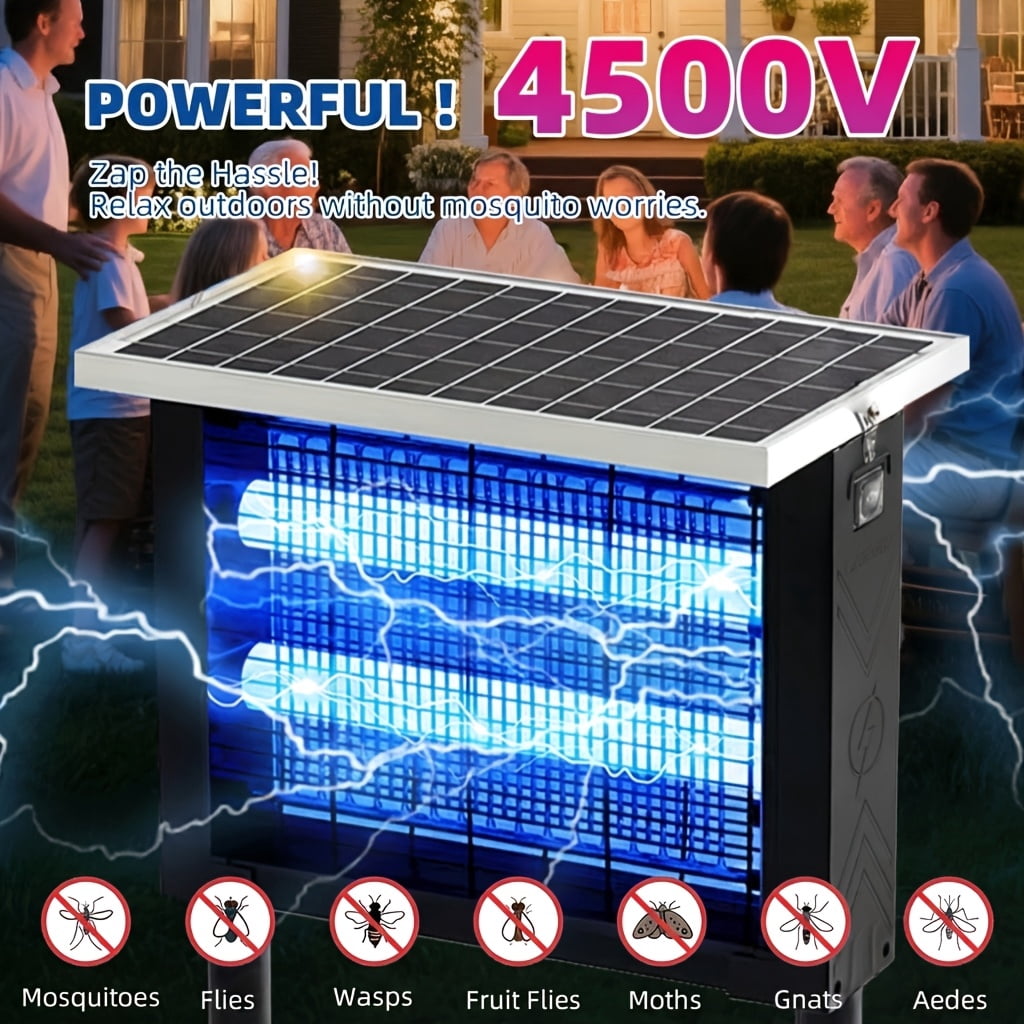 Outdoor Solar-Powered Bug Zapper with 4500V Electric Shock, Wireless Portable Design for Camping, Includes Panel Sensor, Fly Trap Function, and 10ft Extension Cord, Ideal for Patio