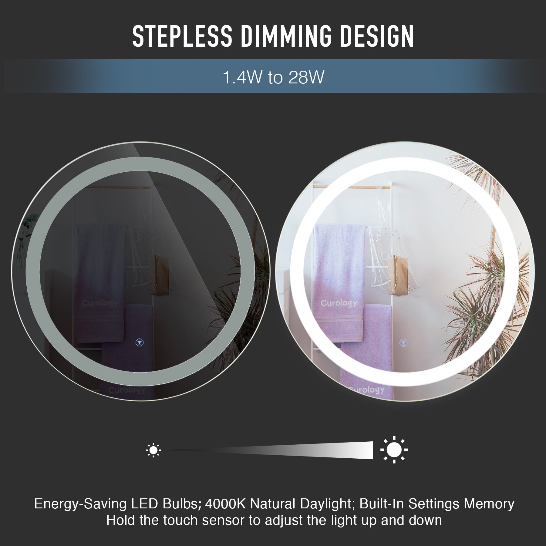 2' Silver Round Wall Mounted LED Mirror for Bedroom Desk Bathroom Vanity and More Glass Aluminum Alloy Metal