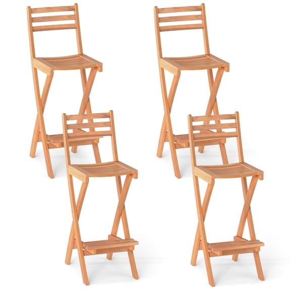 Gymax Outdoor Folding Bar Stools Set of 4 w/Backrest Footrest Wooden Barstools Natural