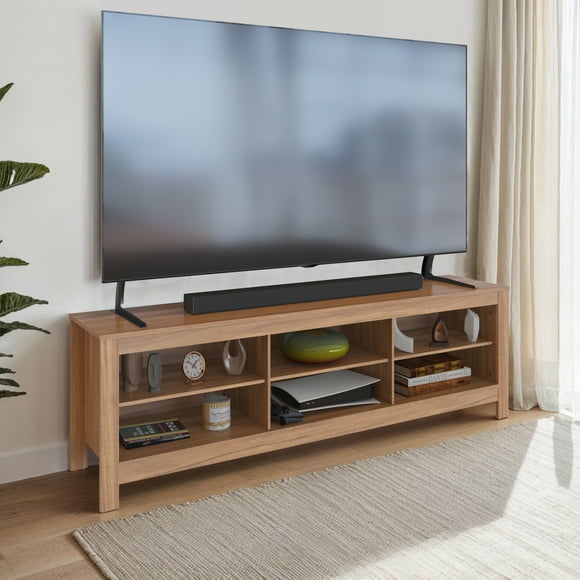 CorLiving Norio Light Brown Faux Wood TV Stand with 6 Open Shelves for TVs up to 85"