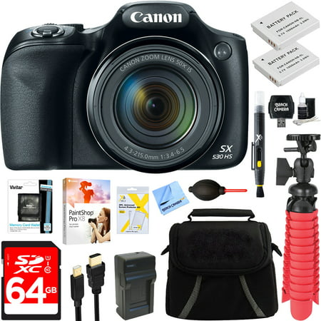 Canon PowerShot SX530 HS 16.0 MP 50x Optical Zoom Digital Camera (Black) + Two-Pack NB-6L Spare Batteries + Accessory