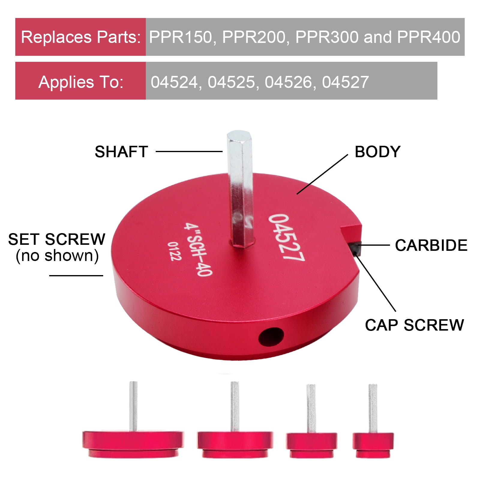 4 Piece Plastic Pipe Fitting Reamer Kit for 1/2" Drill, Includes 1.5", 2", 3", 4" Reamers, Carbide Cutting Inserts, For PVC, CPVC, ABS Pipe Fittings