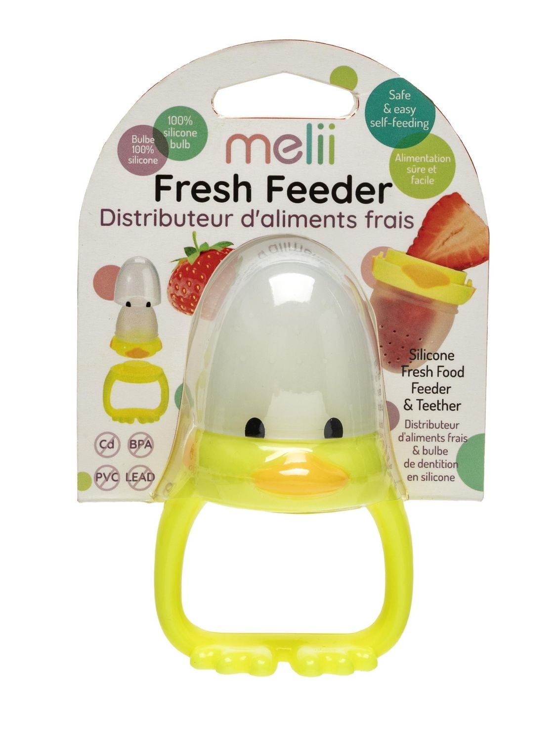 Distributeur d'aliments frais et anneau de dentition Melii en silicone en forme de canard pour bébé - Sans BPA, compatible lave-vaisselle et micro-ondes