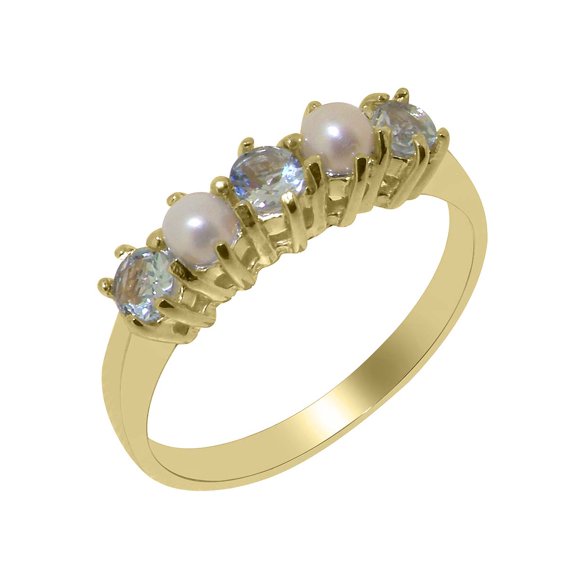 LBG British Made 9k Yellow Gold Natural Aquamarine & Cultured Pearl Ladies Eternity Ring - 33 size options - Size 10