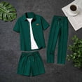 thumbnail image 5 of Eryao Big and Tall Matching Beach Set Men 3 Piece Waffle Knit Short Sleeve Button Down Shirts Matching Pants and Shorts with Pockets Casual Color Block Lounge Sets,Army Green,S, 5 of 6