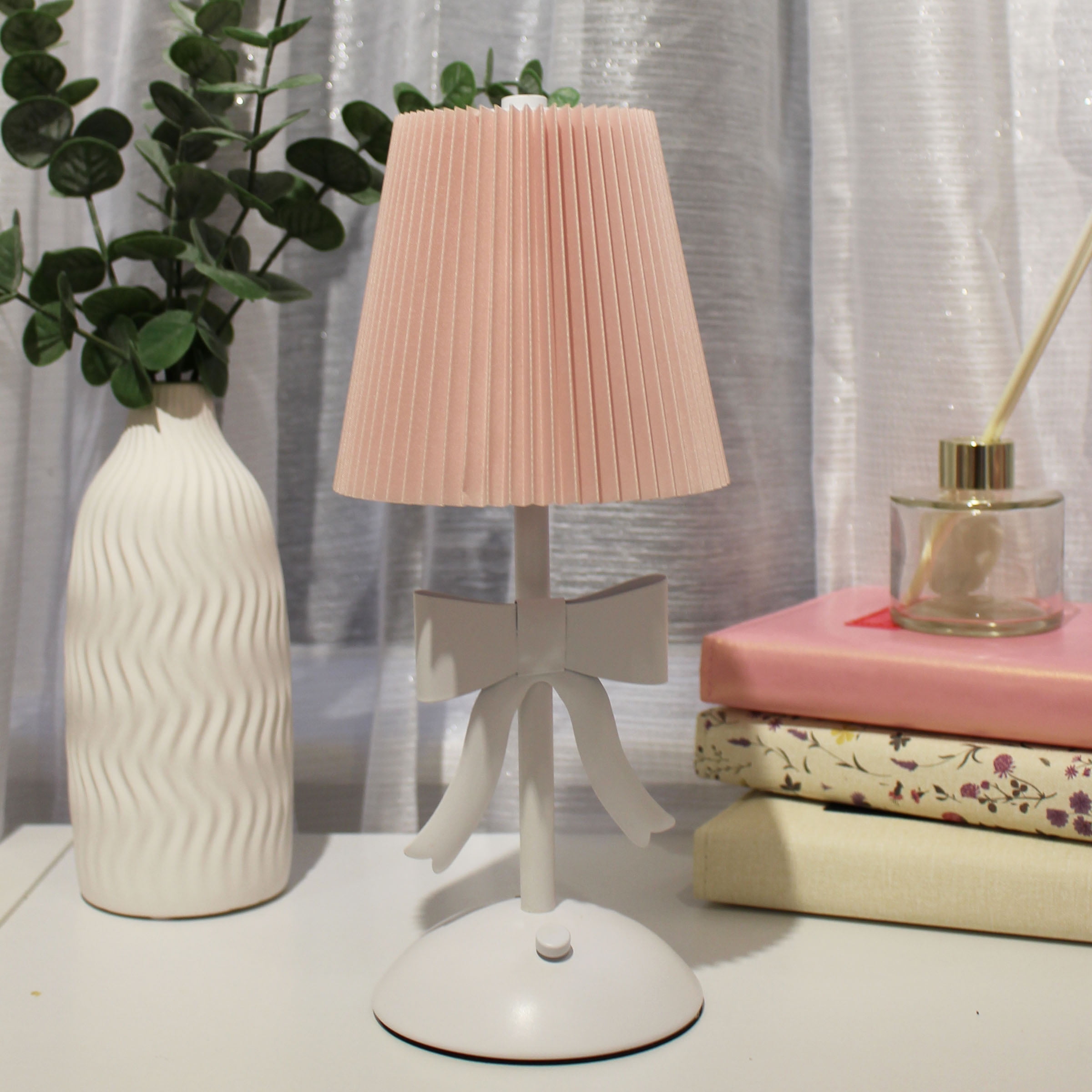 OneDesign Home Portable and Rechargeable Touch Lamp with Pink Fabric Pleated Shade and White Bow Detail: (Includes LED Light Bulb)