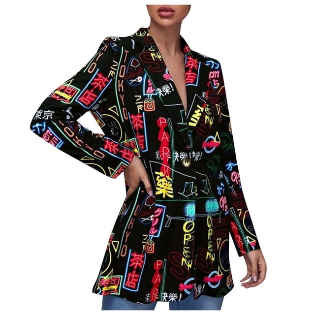 Blazer Décontracté pour Femmes Col en V Loisirs Jacket Blouse Boutonnée Mi-Longue Cardigan Ajusté Imprimé Mode