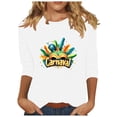 thumbnail image 2 of LEKWK Vacation Tops for Women Carnival Text Mardi Gras Shirts 3/4 Sleeve Graphic Tees Round Neck Colorful Feathers Festive Print Outfits, 2 of 5