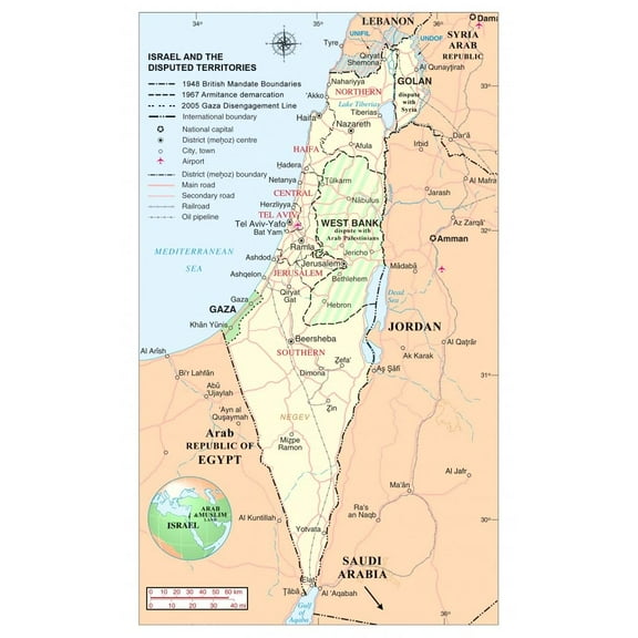 Wall Art Impressions 24x39in Israel Political Detailed Map Disputed Terrirories with legend and Major Cities [Laminated]
