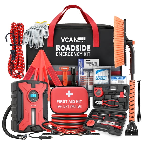 VCANENERGY Car Emergency Roadside Kit with Air Compressor, Jumper Cables, First Aid Kit, Snow Brush, Ice Scraper, Winter Vehicle Safety Kit