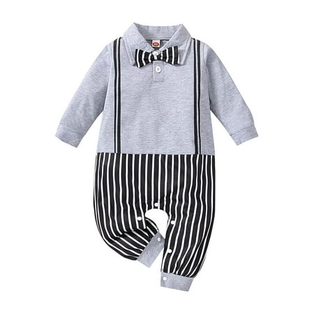 

elfinBE Infant Baby Boy Little Gentleman Style Striped Long Sleeved One-piece Romper 3-24M