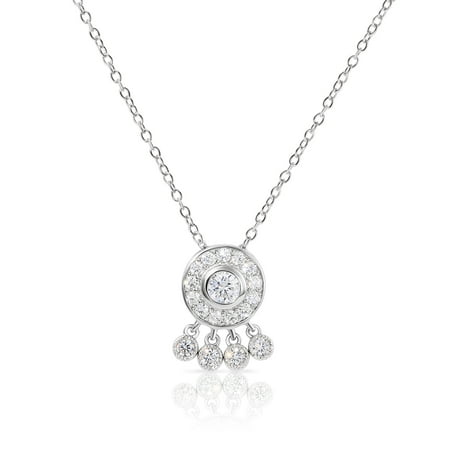 Tilo Jewelry .925 Sterling Silver Round Dangle Necklace with Cubic Zirconia CZ Stones | Adjustable Chain | Women & Unisex