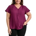 thumbnail image 1 of GRACE & GRANDEUR Blusas de Talla Grande para Mujeres con Cuello en V, Mangas Cortas con Volantes, Decoración de Botones, Tops Casual de Corte Suelto 1X Rojo Púrpura, 1 of 7