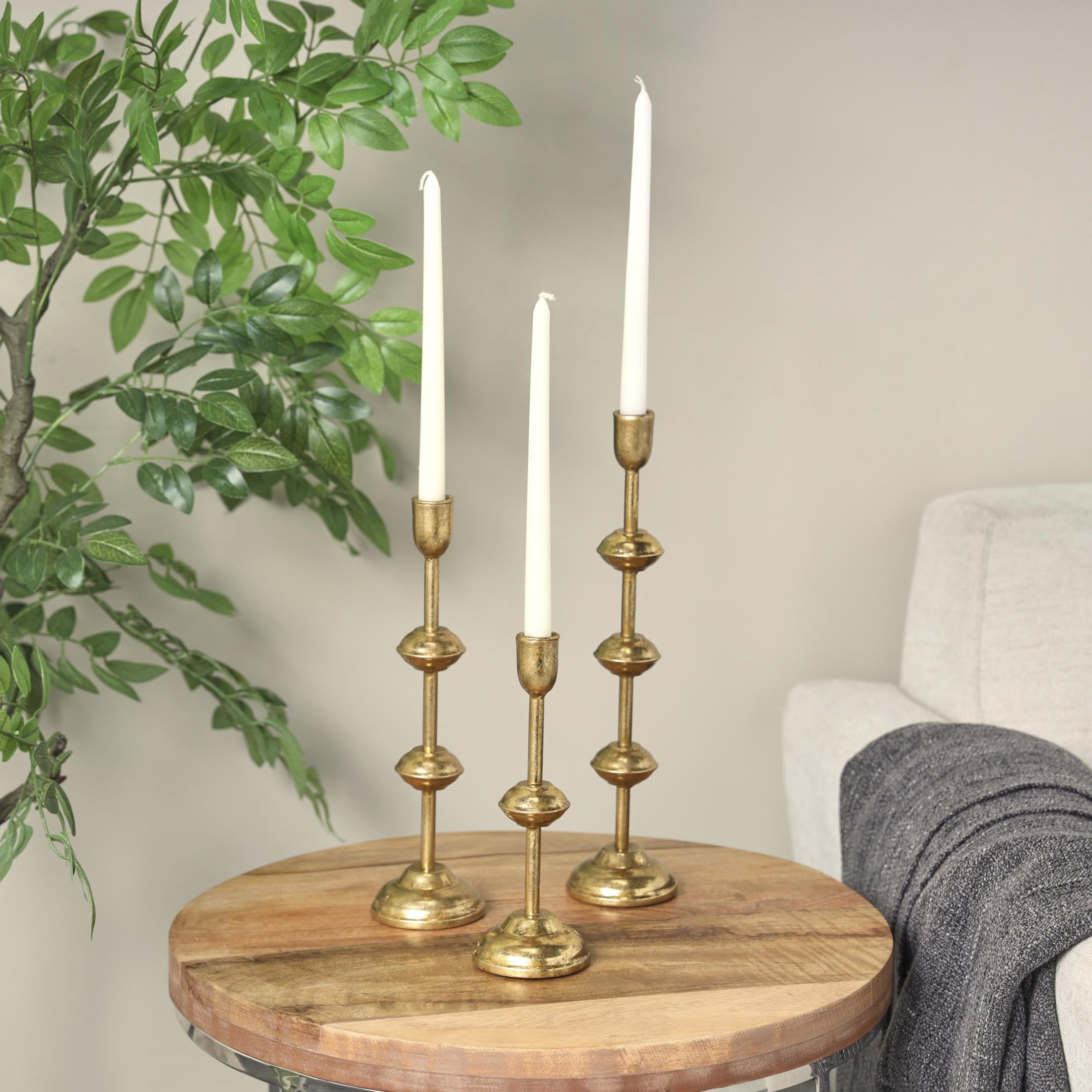 DecMode 3 Candle Gold Metal Slim Candle Holder with Floating Spheres, Set of 3