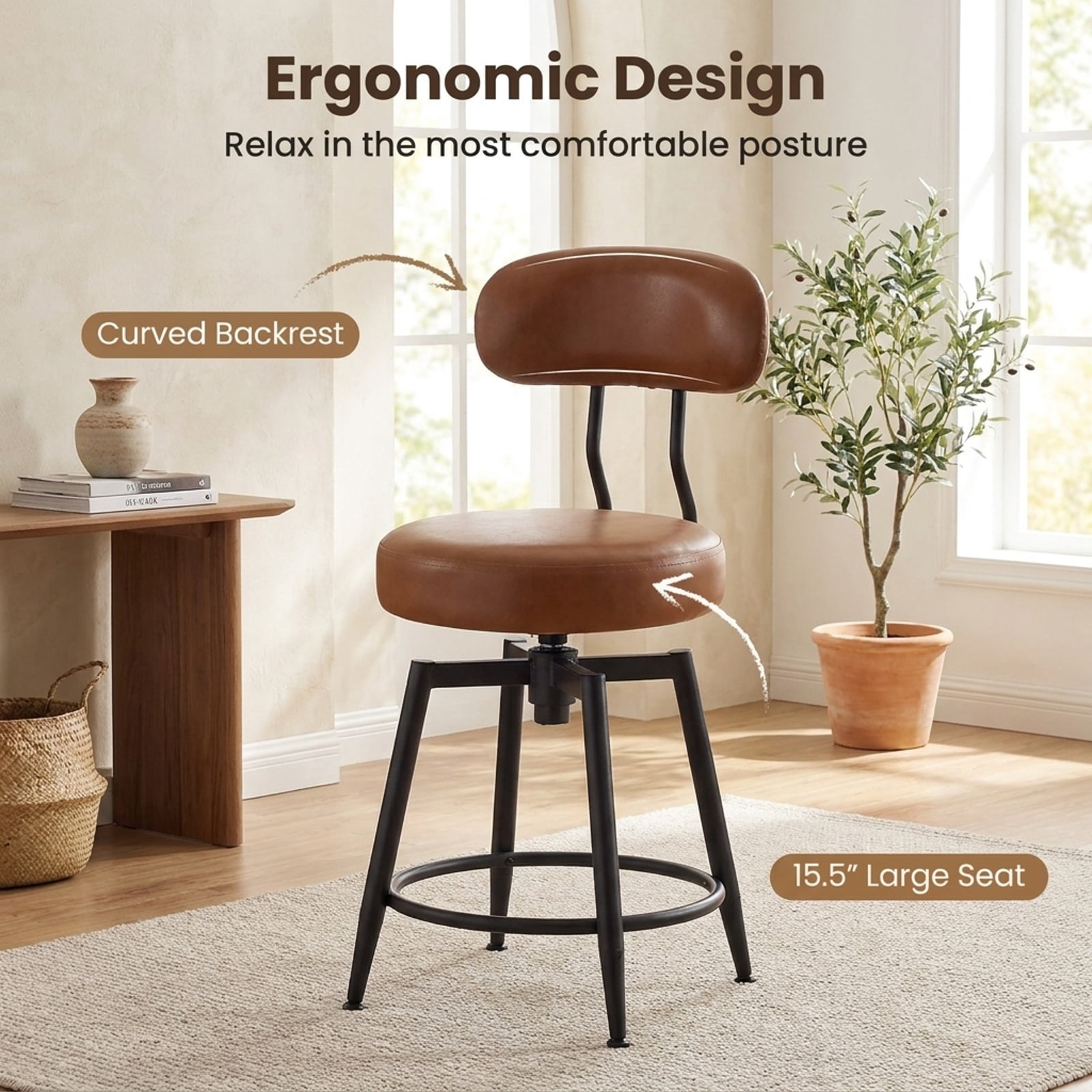 Furnibear Set of 2 Swivel Barstools Faux Leather with Upholstered Seat and Back for Kitchen Island Counter Bar Pub Dining Home, Brown