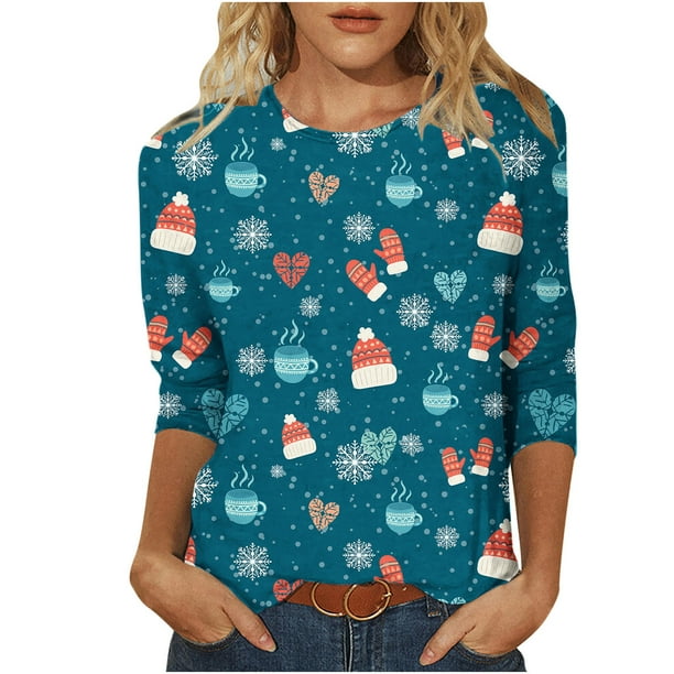 Camisas Navideñas Para Mujer Moda Blusa de Manga Tres Cuartos Cuello Redondo Casual Chriatmas Impreso Tops Odeerbi ODB200425